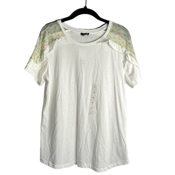 Hannah White Short Sleeve T Shirt Floral Mesh Shoulder Size Small - Picture 1 of 8